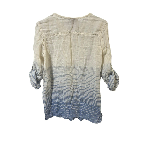Saint Tropez West 100% Linen Woven‎ Button Up Top Size M Gray Blue Stripes - Picture 2 of 4